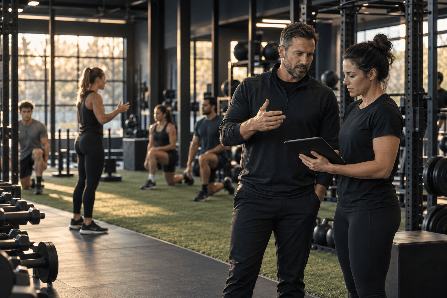A performance gym owner and coach leading an organized training team